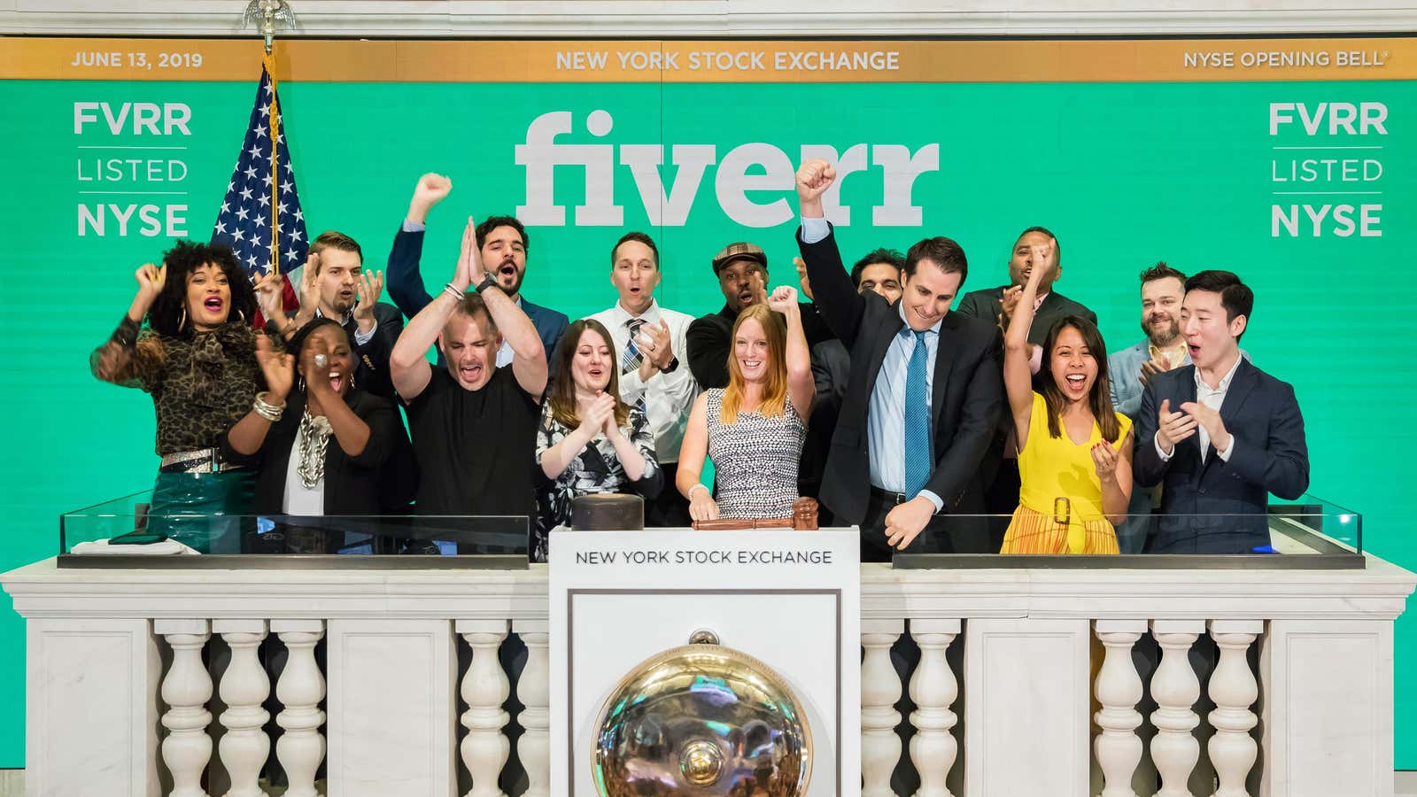 Fiverr celebrates its June 13 IPO on the New York Stock Exchange.