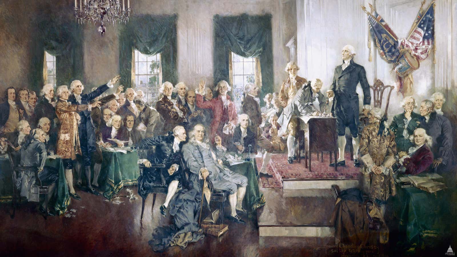 Hamilton is whispering into Ben Franklin’s ear in Howard Chandler Christy’s depiction of the signing of the Constitution.