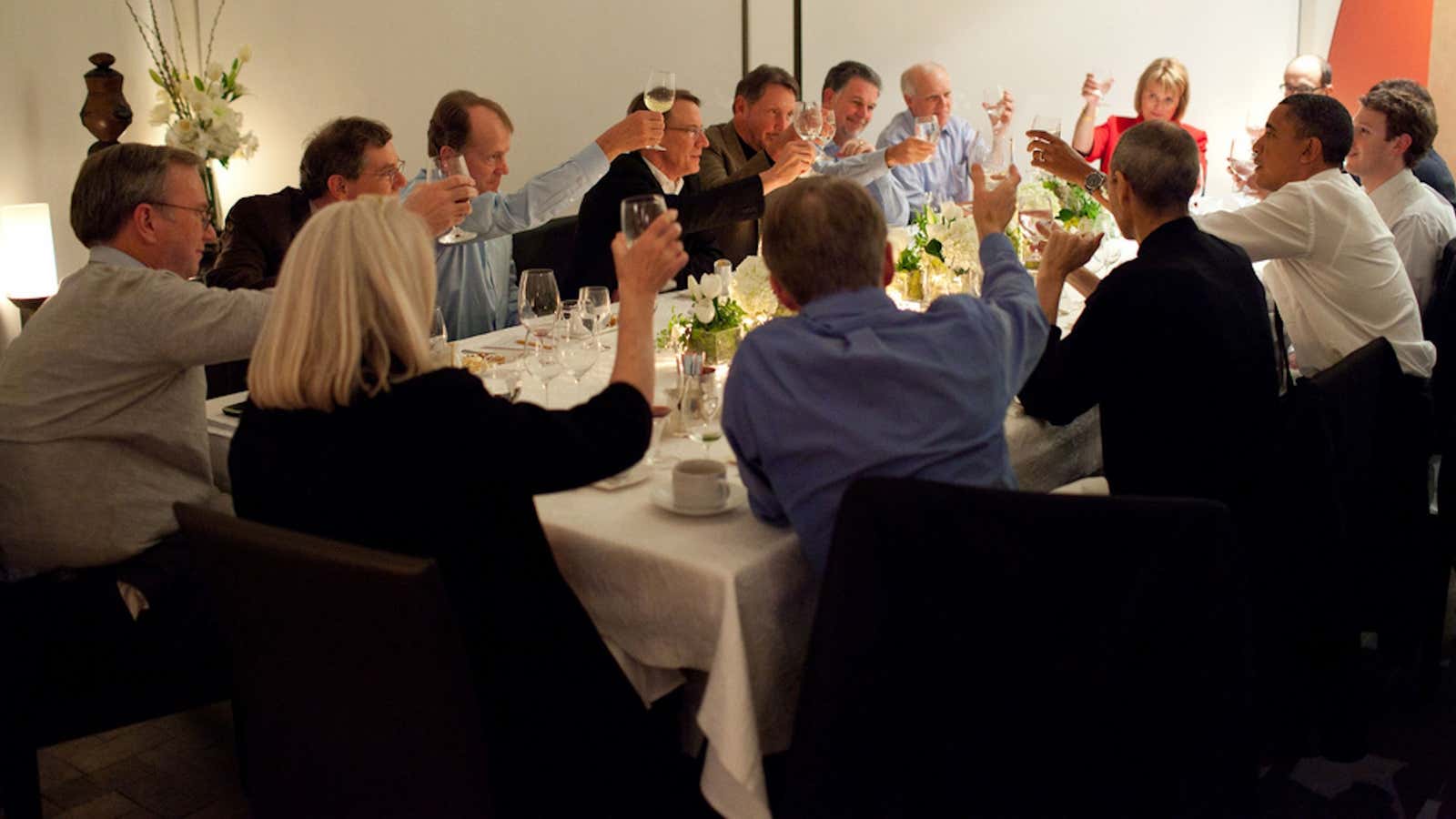 Obama and the elite of Silicon Valley share a toast in February 2011.