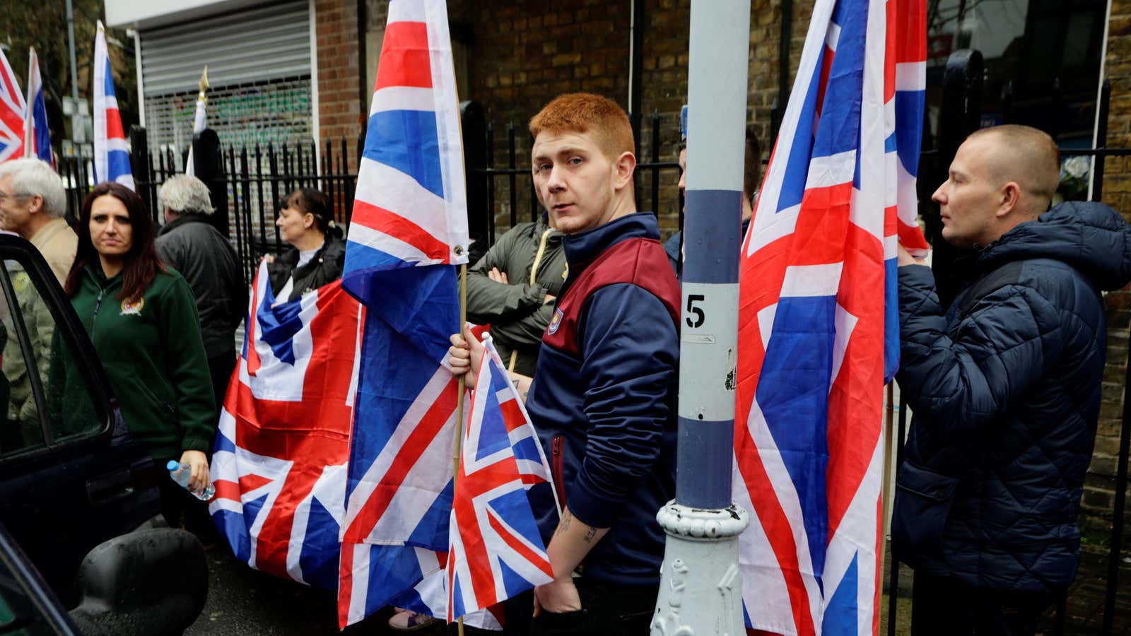 A Britain First rally with Jayda Fransen on the left.