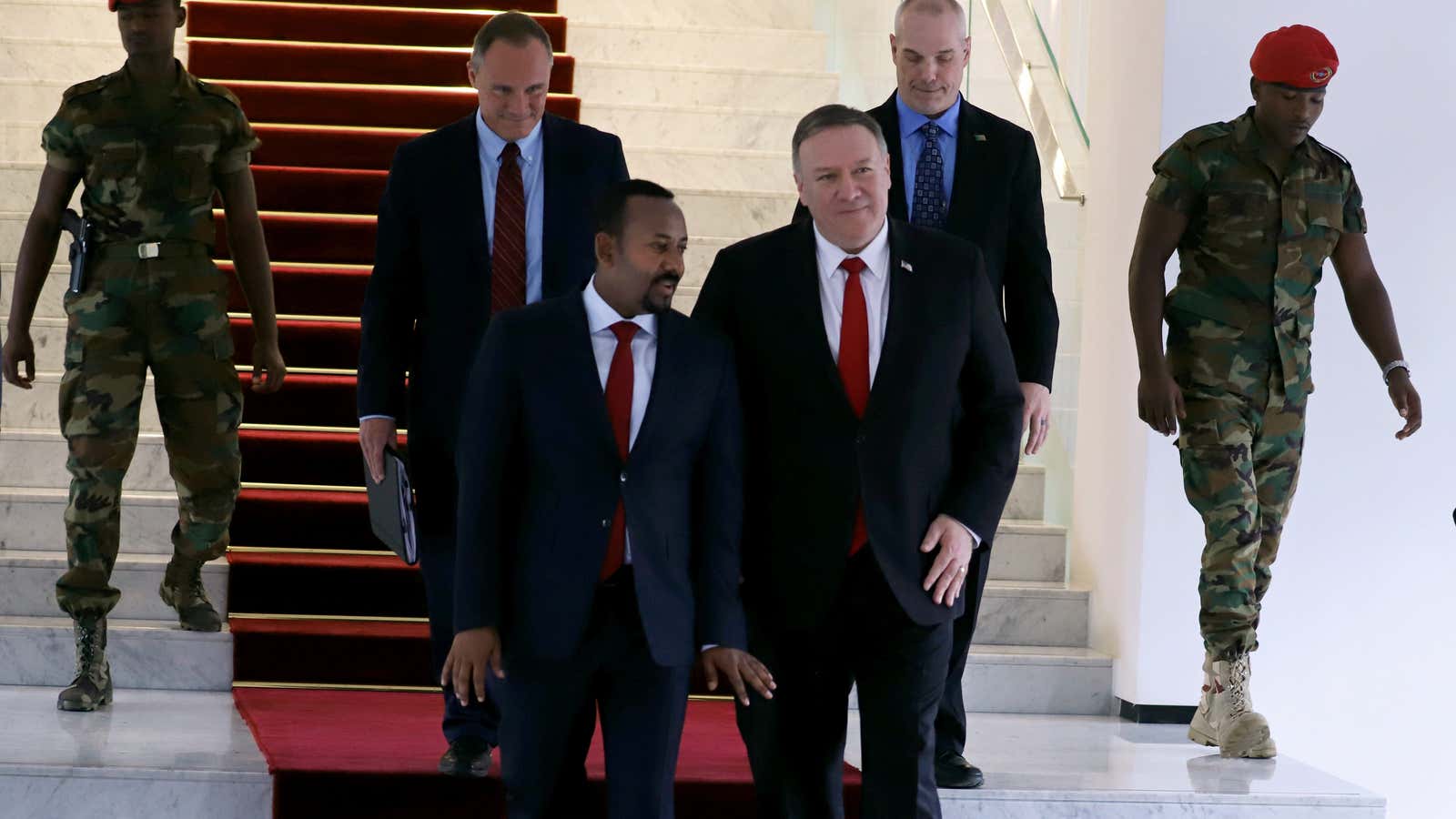 Ethiopia prime minister Ahmed Abiy and US secretary of state Pompeo.