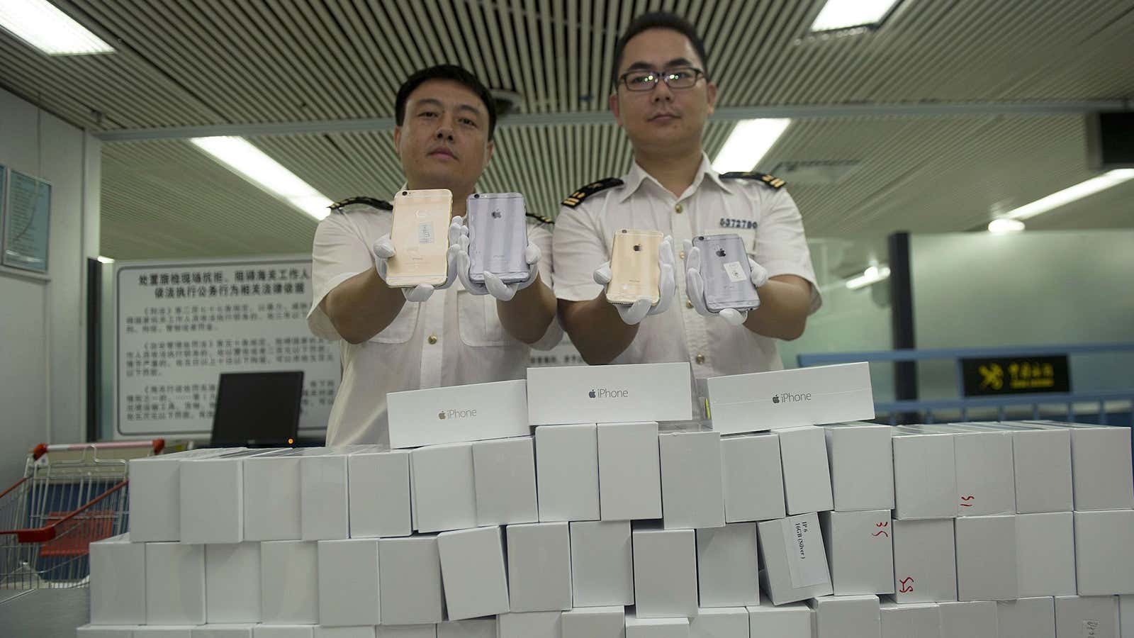 Smuggled iPhone 6 sets, seized at a port in Shenzhen, near the Hong Kong border.
