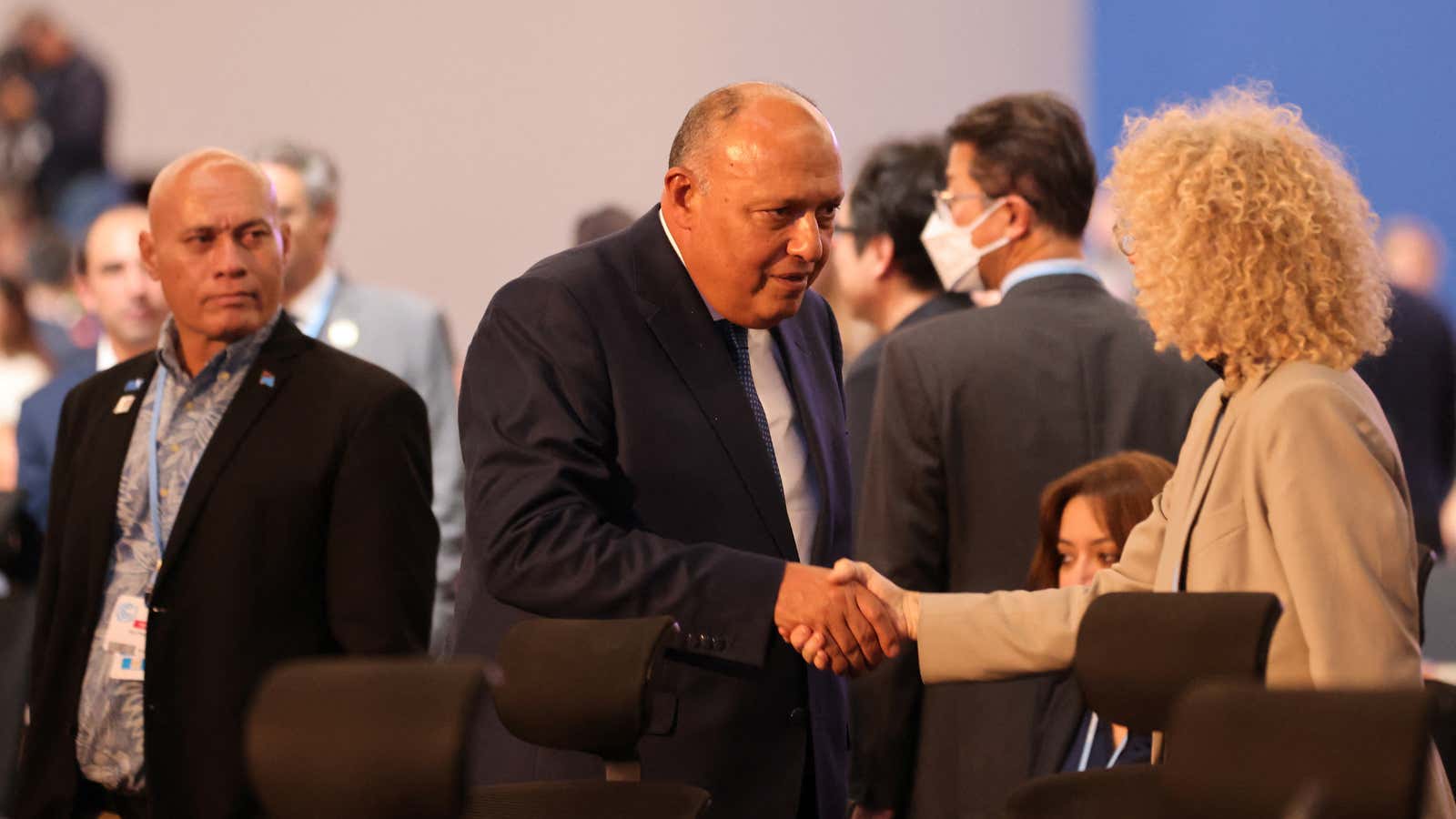 COP27 president Sameh Shoukry greets German climate envoy Jennifer Morgan during the closing hours of the summit.