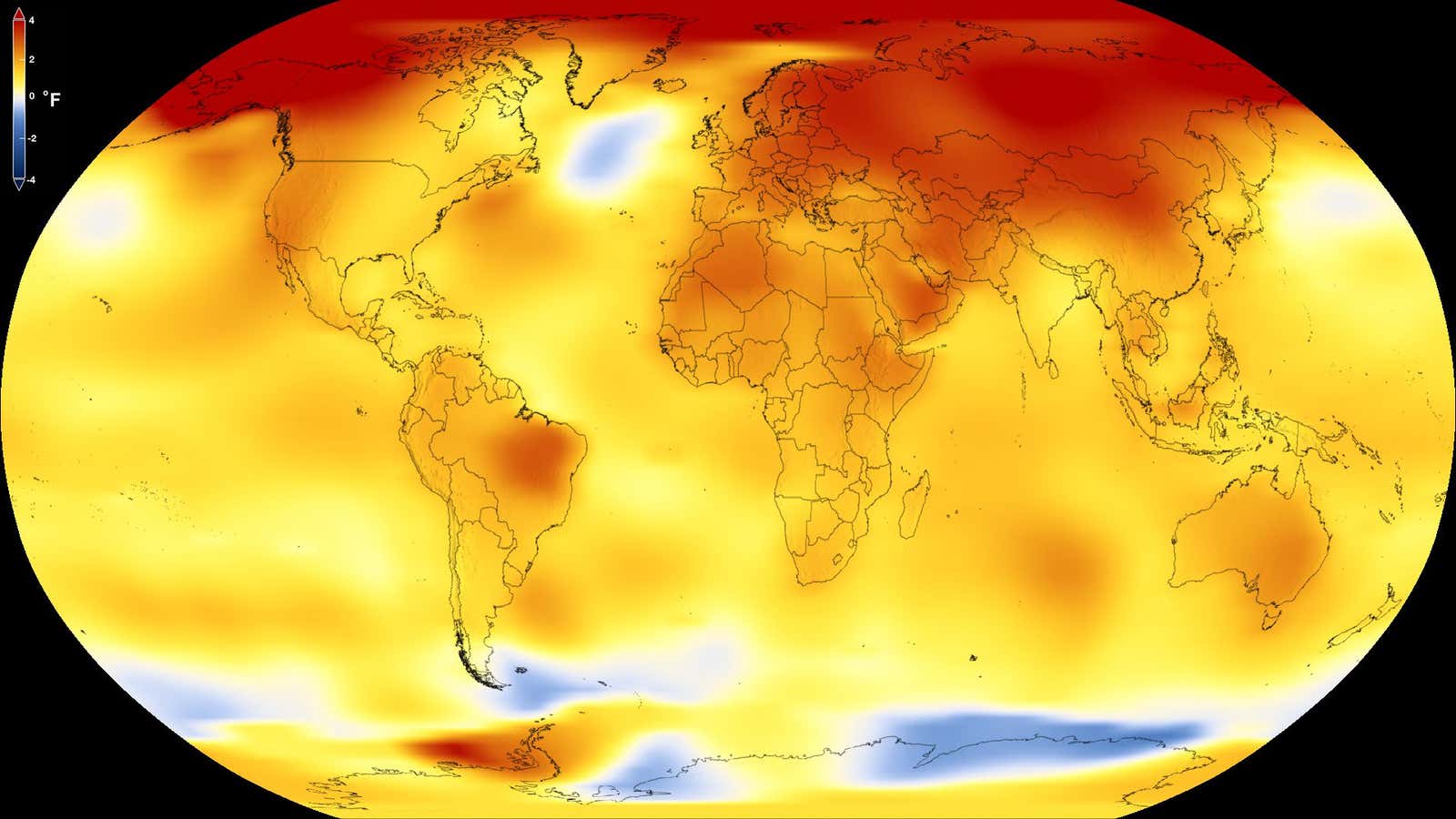 NASA compared earth’s average global temperature from 2013 to 2017 to a baseline average from 1951 to 1980. Yellows, oranges, and reds show regions warmer than the baseline.