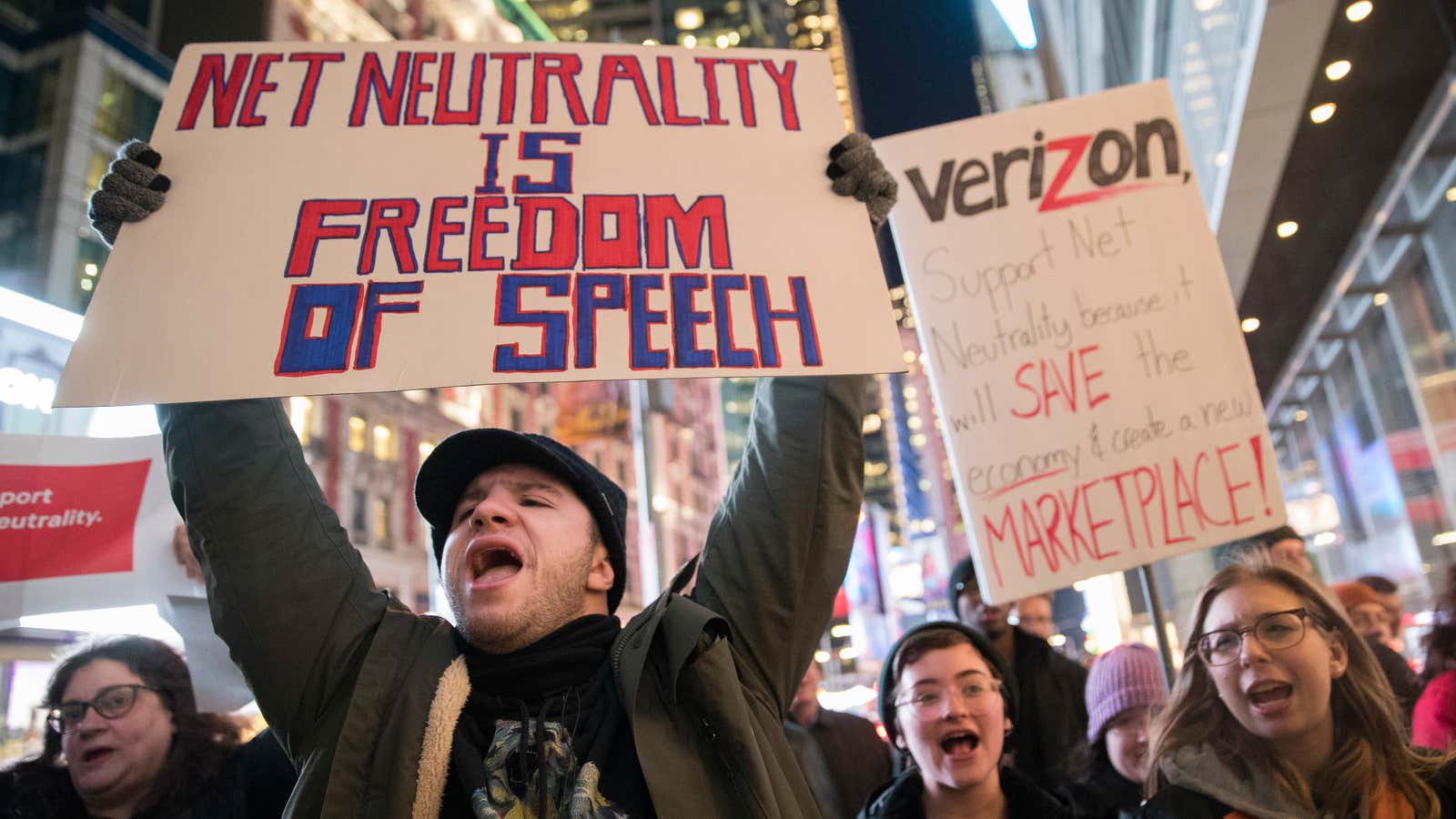 Net neutrality supporters rally in New York, Dec. 7, 2017.