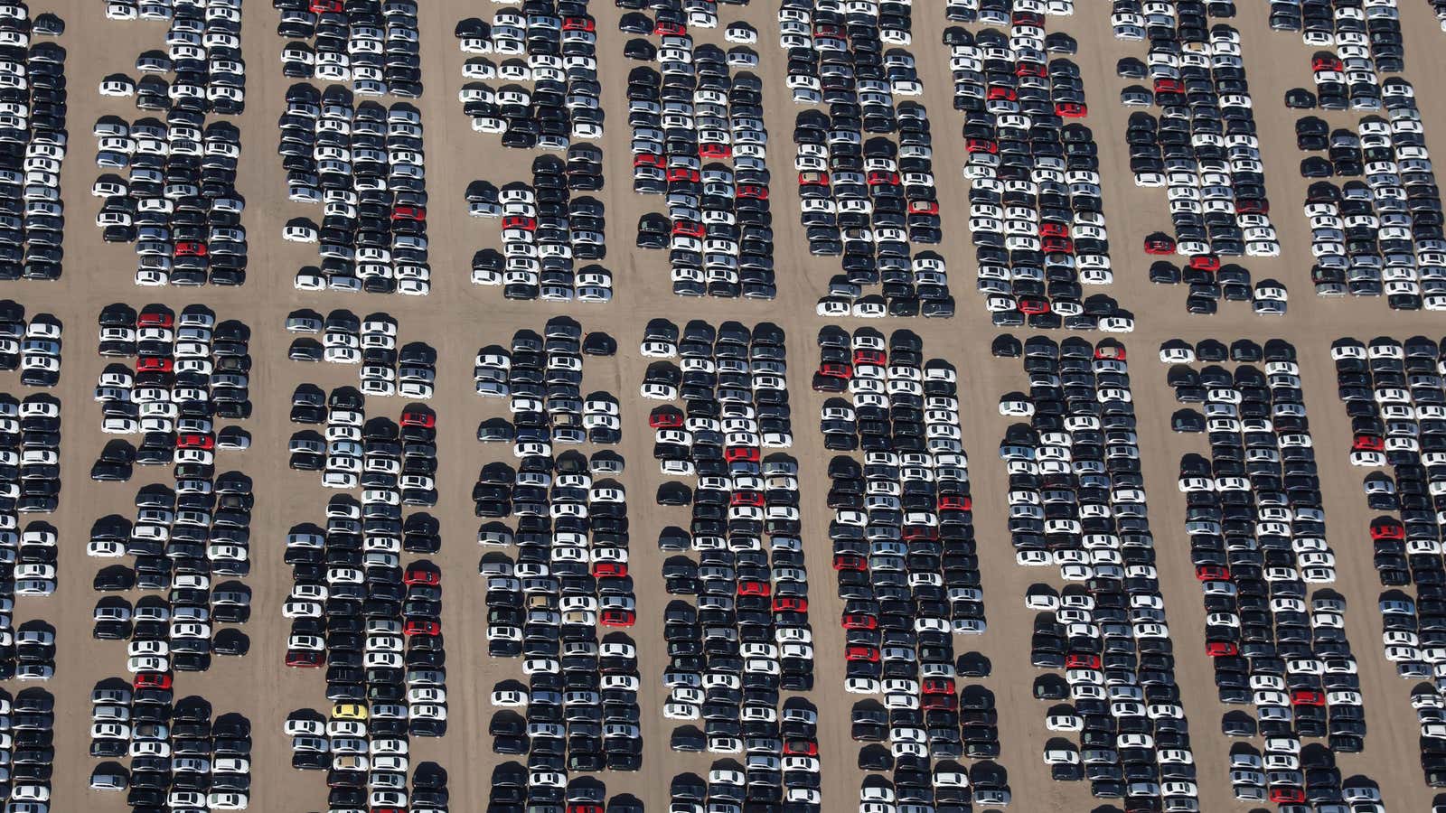 Reacquired Volkswagen and Audi diesel cars sit in a desert graveyard near Victorville, Calif., on Mar. 28.
