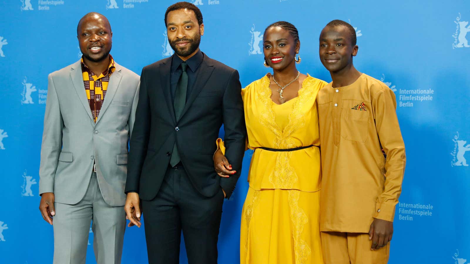 Director and screenwriter Chiwetel Ejiofor and actors William Kamkwamba, Maxwell Simba, Aissa Maiga promote the movie in Berlin Feb. 12, 2019.