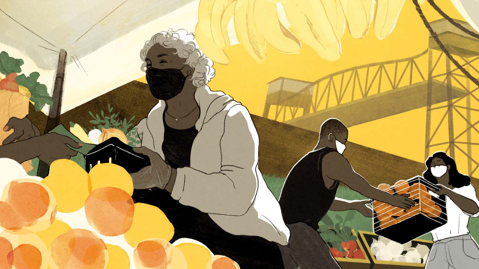 An illustration shows Lower Ninth Ward residents with fresh produce in front of the levee that failed and flooded the neighborhood during Hurricane Katrina.