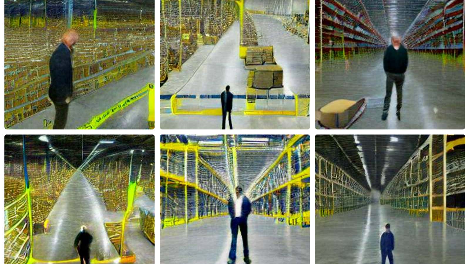 AI-generated photos of Jeff Bezos and his fulfillment warehouses.