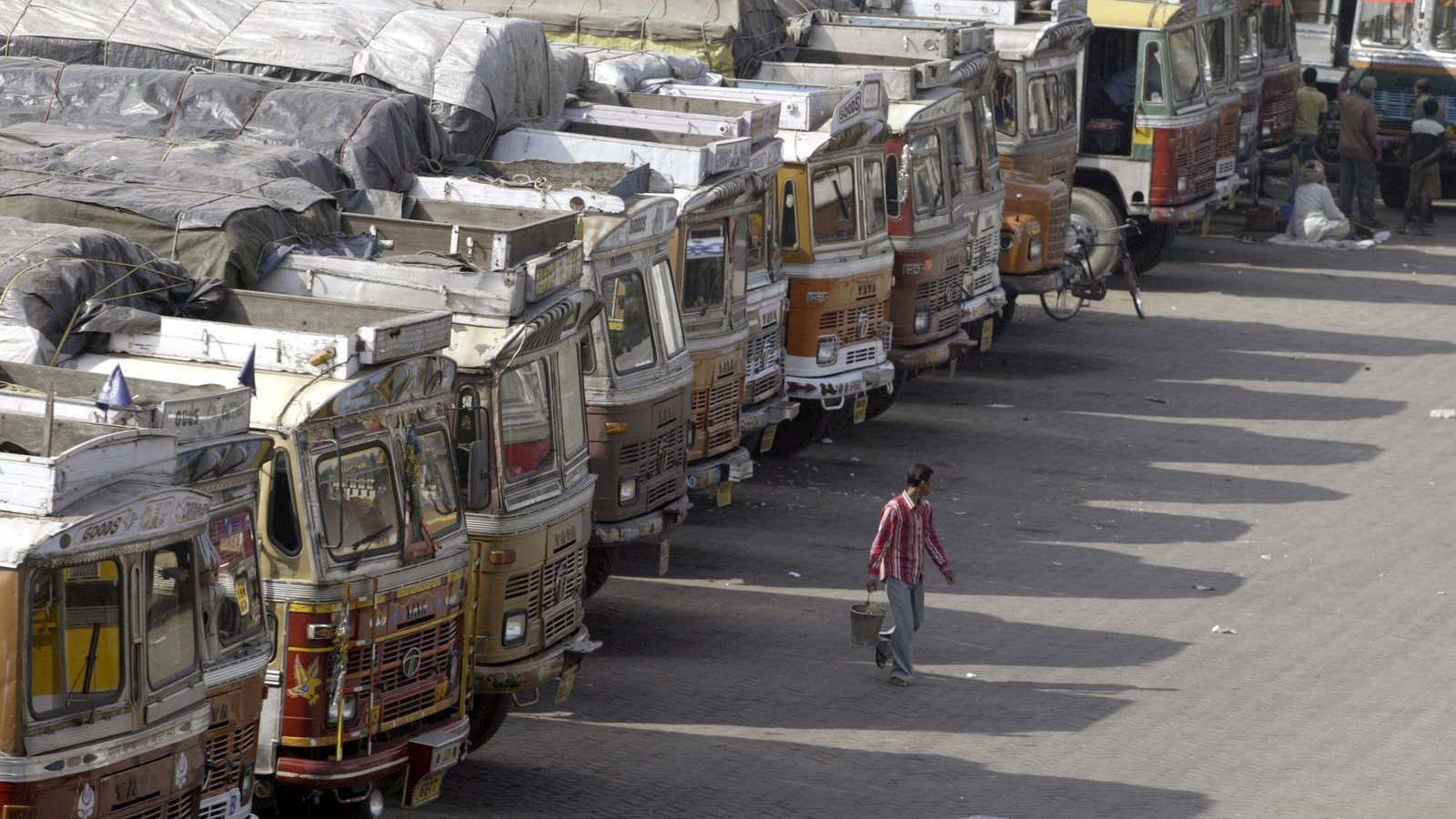 Trucks line up at a terminal near the India-Bangladesh border in Petrapole.