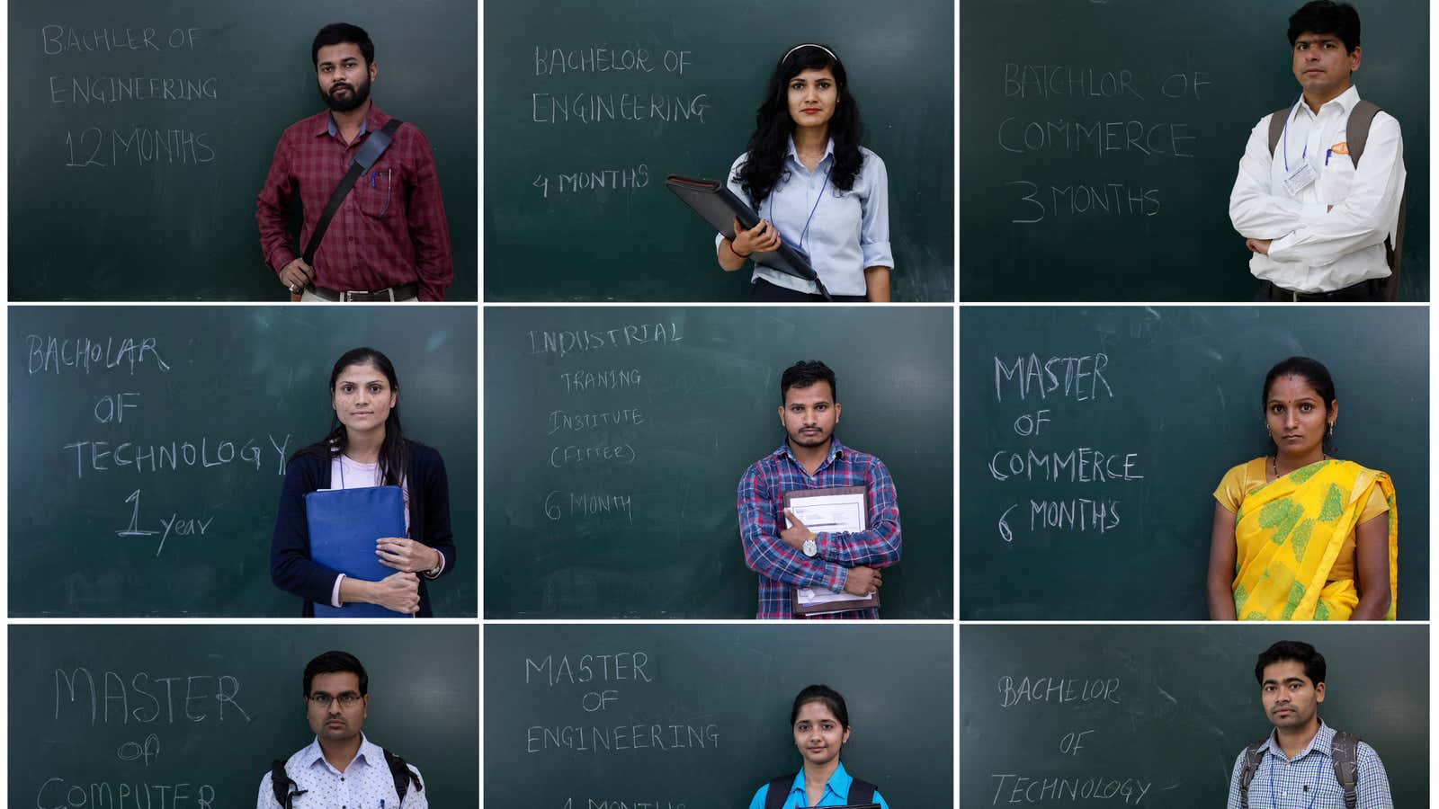 A combo shows unemployed people posing in front of a chalkboard with their qualifications during a job fair in Chinchwad, India, February 7, 2019. (Top…