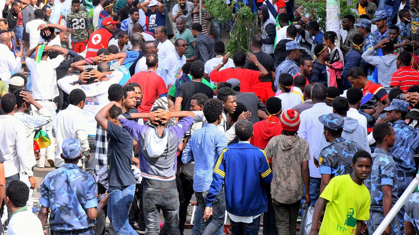 Warning signs: Ethiopians react after an explosion during a rally in support of the new prime minister Abiy Ahmed in Addis Ababa in June