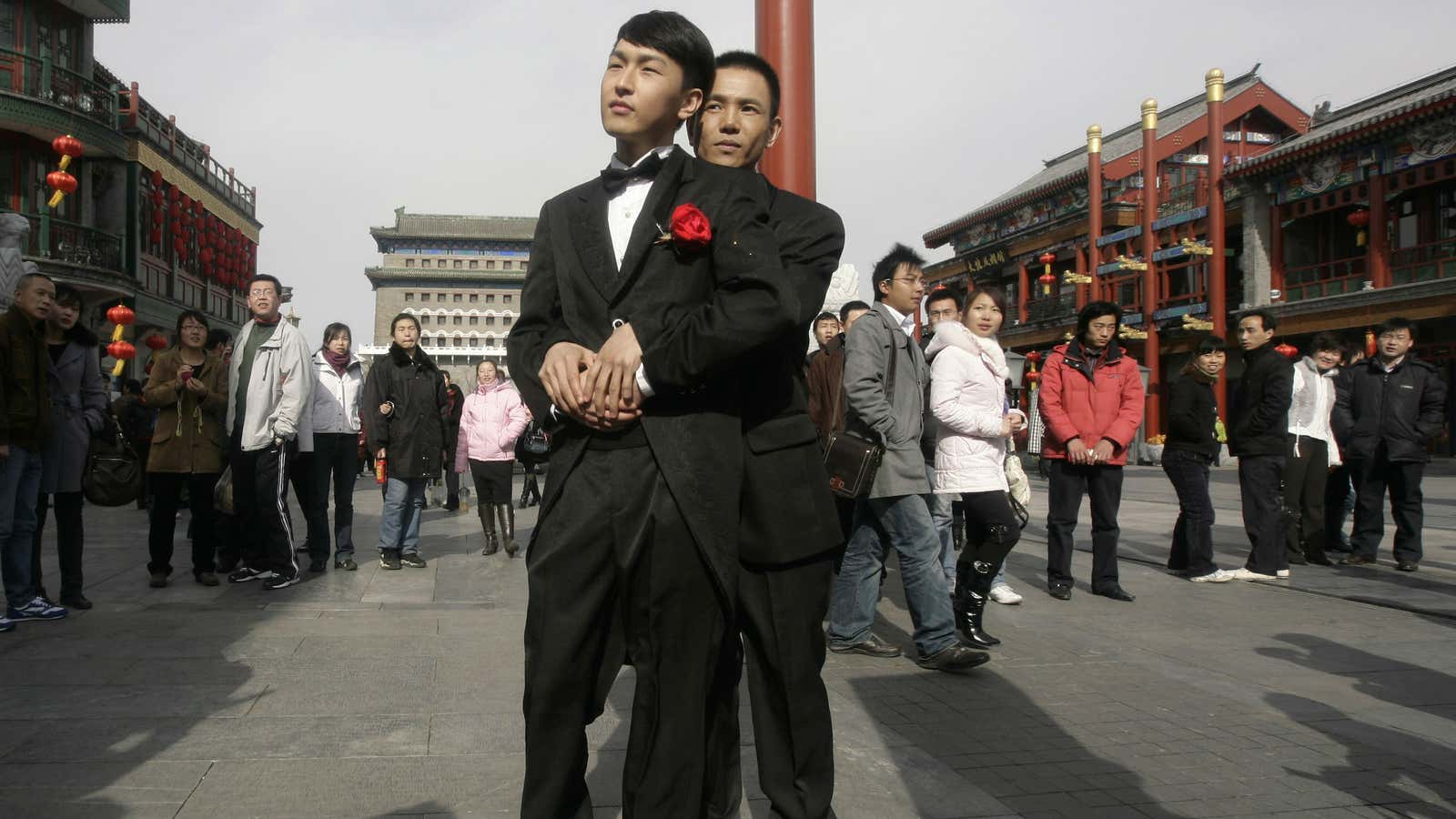 A Chinese gay couple at their symbolic “wedding” in 2009.