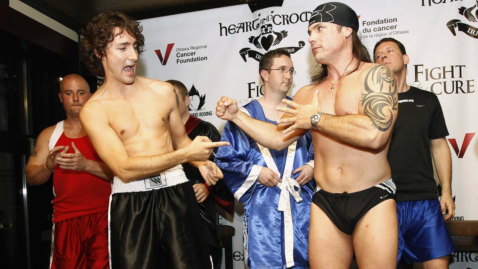 A shirtless Trudeau at a charity boxing match in 2012.