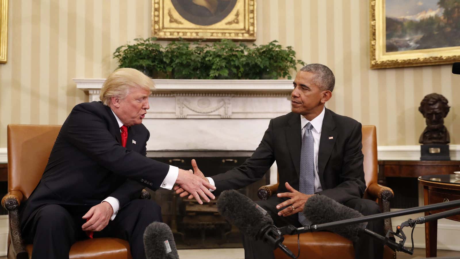 President Barack Obama shakes hands with President-elect Donald Trump in the Oval Office of the White House in Washington, Thursday, Nov. 10, 2016. (AP Photo/Pablo…