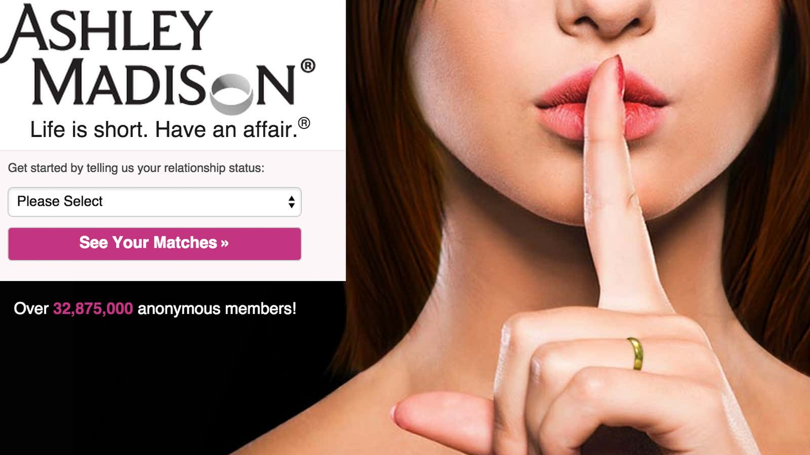Ashley Madison’s welcome screen.