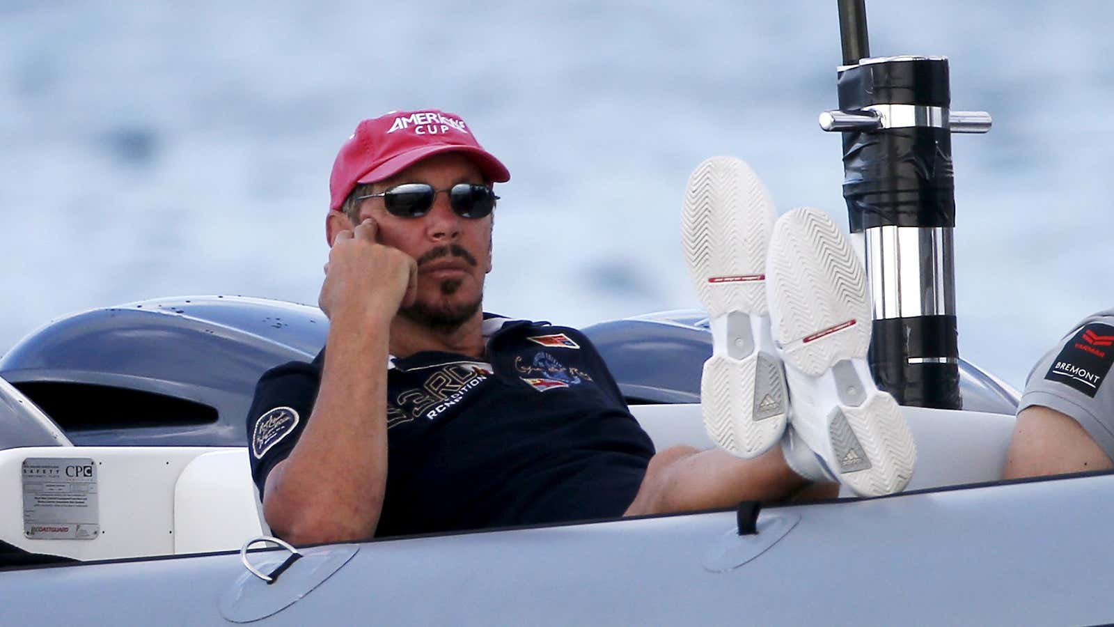 Larry Ellison, founder and former CEO of Oracle Inc., on a motor boat.