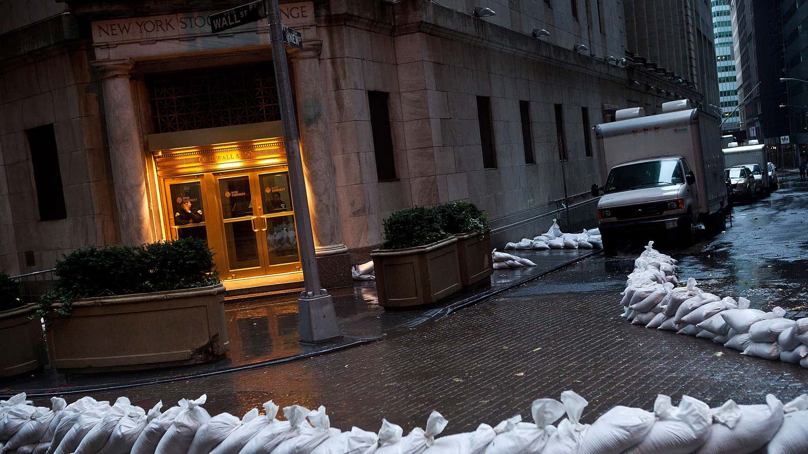Sandbags were set up to protect an entrance of the New York Stock Exchange