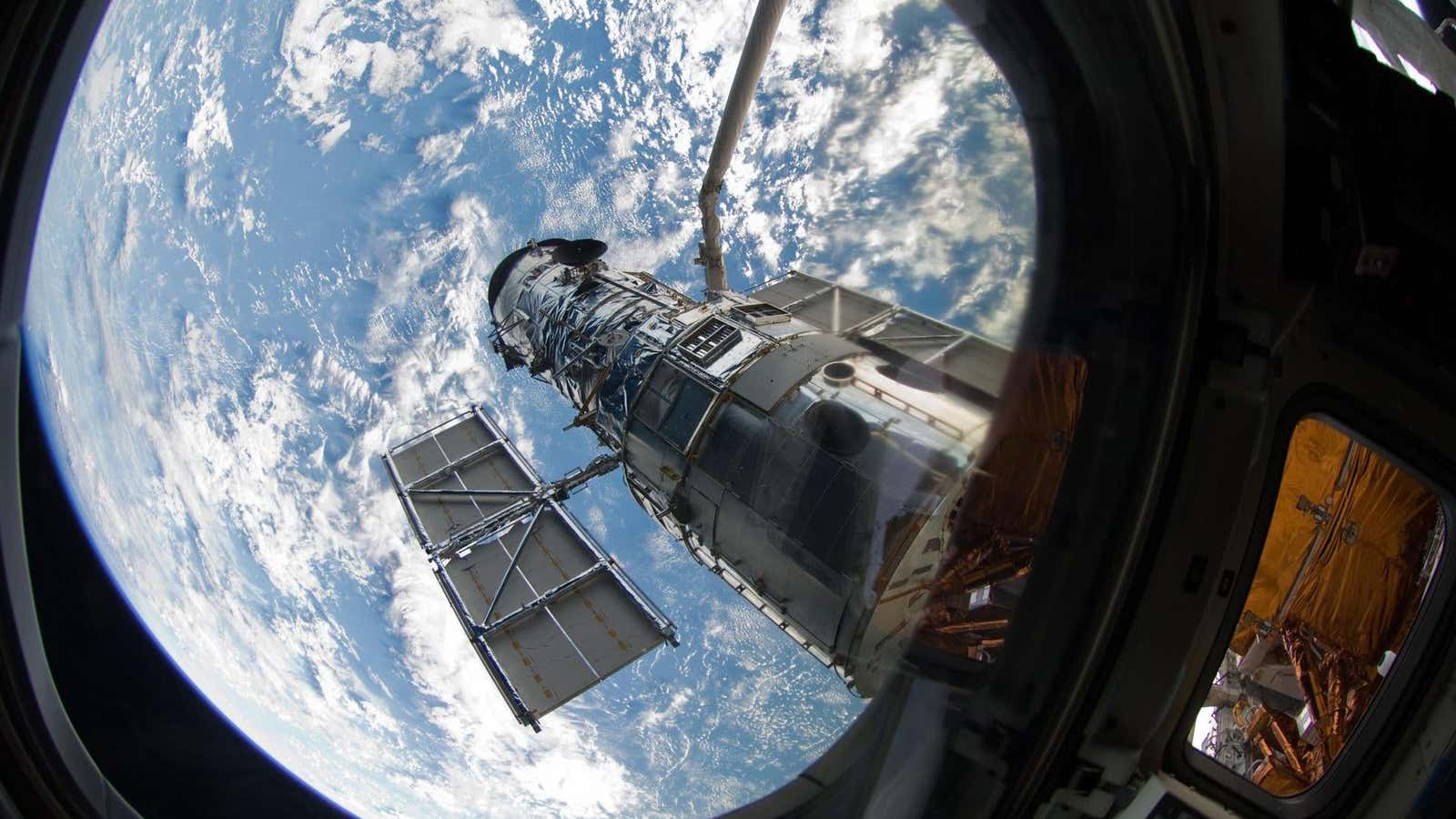 A view of the Hubble Space Telescope from onboard Space Shuttle Atlantis during a 2009 maintenance mission.