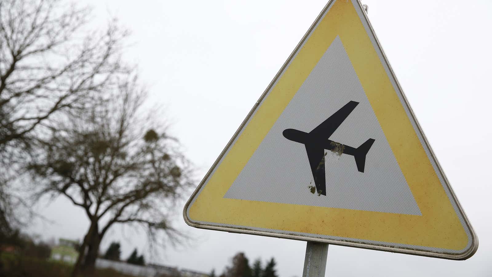 A traffic sign warning of low flying aircraft stands near to LSC Westerwald flight club, where Germanwings co-pilot Andreas Lubitz had been a member, in Montabaur March 26, 2015.