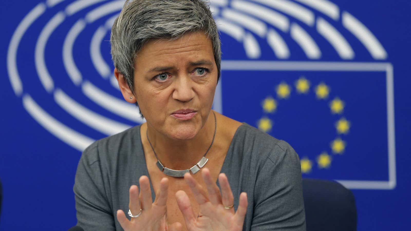 European Competition Commissioner Margrethe Vestager holds a news conference on the takeover of Alstom’s power businesses by U.S. conglomerate General Electric at the European Parliament…