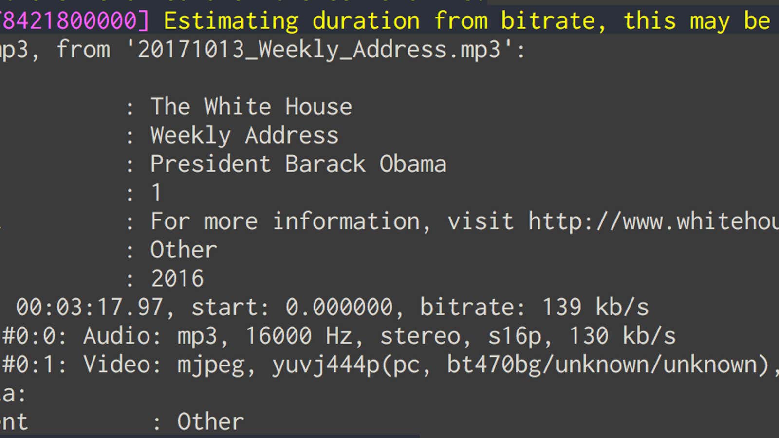 The mp3s for Trump’s weekly addresses say artist=Barack Obama