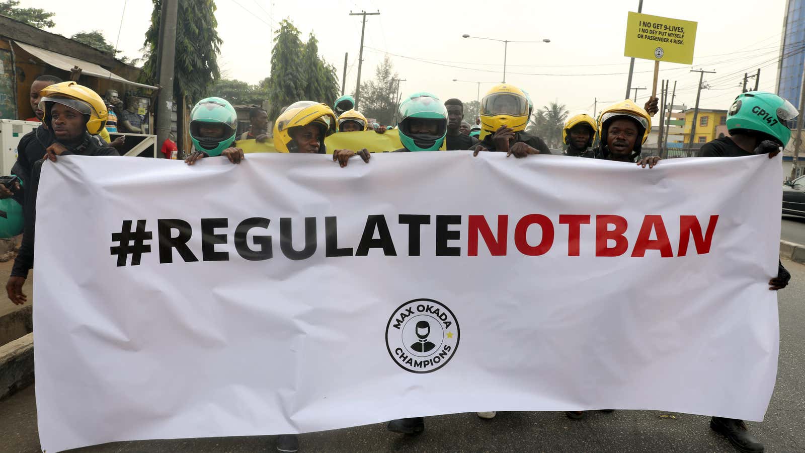 Members of the Transportation Hailing Alliance of Nigeria (THAN) protest against the ban of commercial motorcycles in Lagos Jan. 31, 2020.