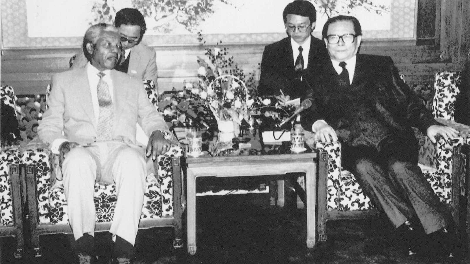 Then ANC leader Nelson Mandela meets with Chinese Communist Party General Secretary Jiang Zemin in Beijing, Oct. 6, 1992