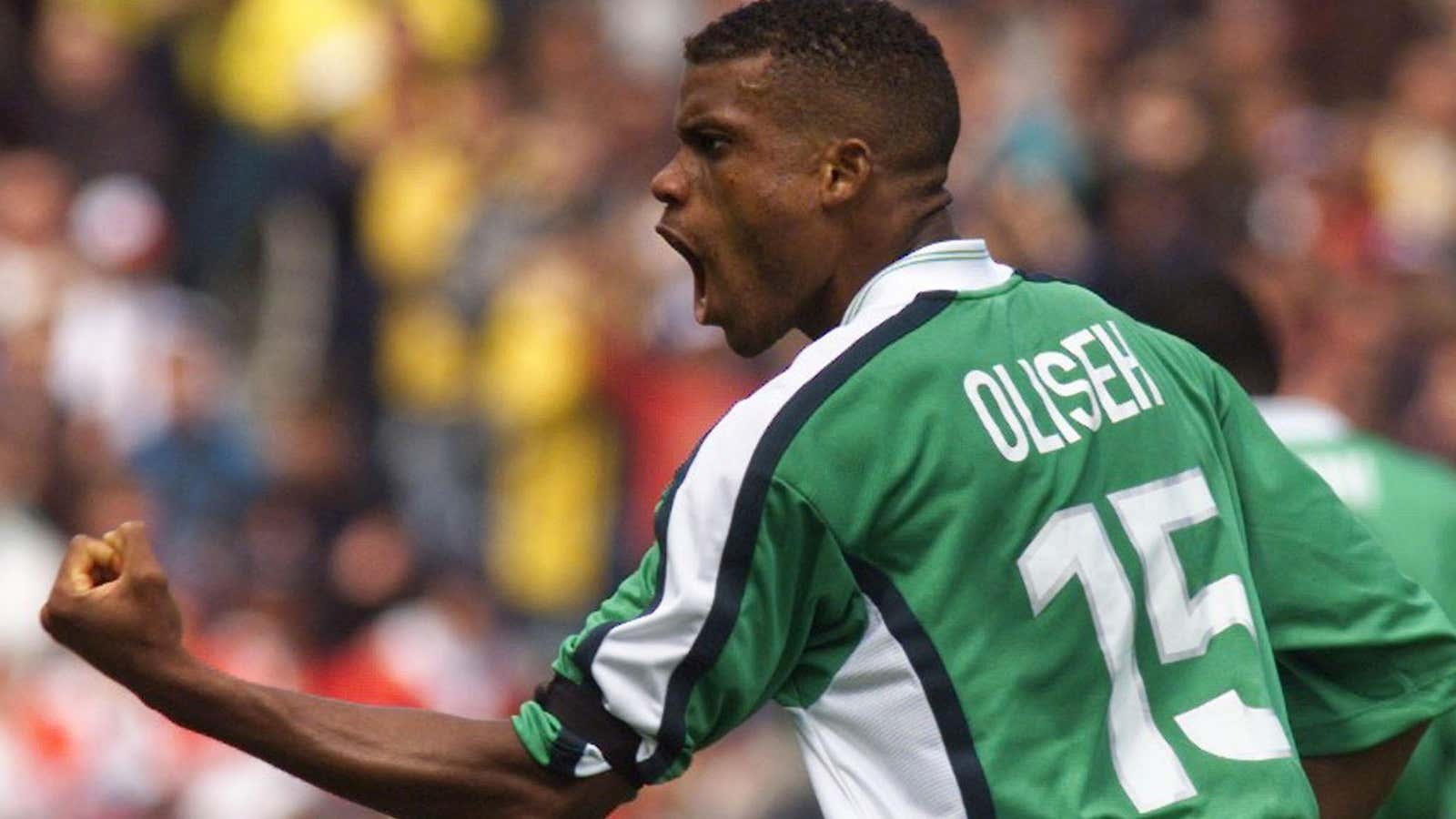 Nigeria’s Sunday Oliseh celebrates his winning goal against Spain in 1998