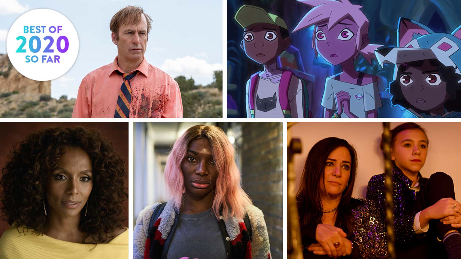 Clockwise from top left: Better Call Saul (Photo: Greg Lewis, AMC/Sony Pictures Television), Kipo And The Age Of Wonderbeasts (Screenshot), Better Things (Photo: Suzanne Tenner/FX), I May Destroy You (Photo: Natalie Seery/HBO), Visible: Out On Television (Photo: Apple TV+)