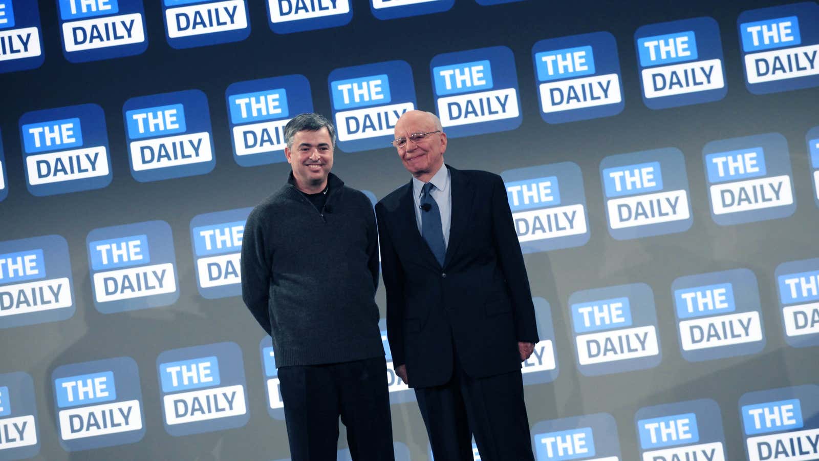News Corp Chairman and CEO Rupert Murdoch with Apple Vice President Eddie Cue at The Daily’s launch in Feb. 2011.