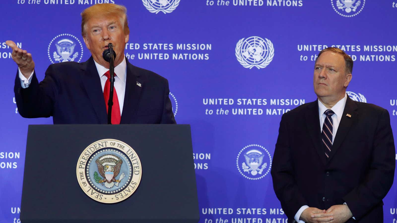 US president Donald Trump addresses a news conference with US secretary of State Mike Pompeo on the sidelines of the 74th session of the United Nations General Assembly (UNGA) in New York  Sept. 25, 2019.