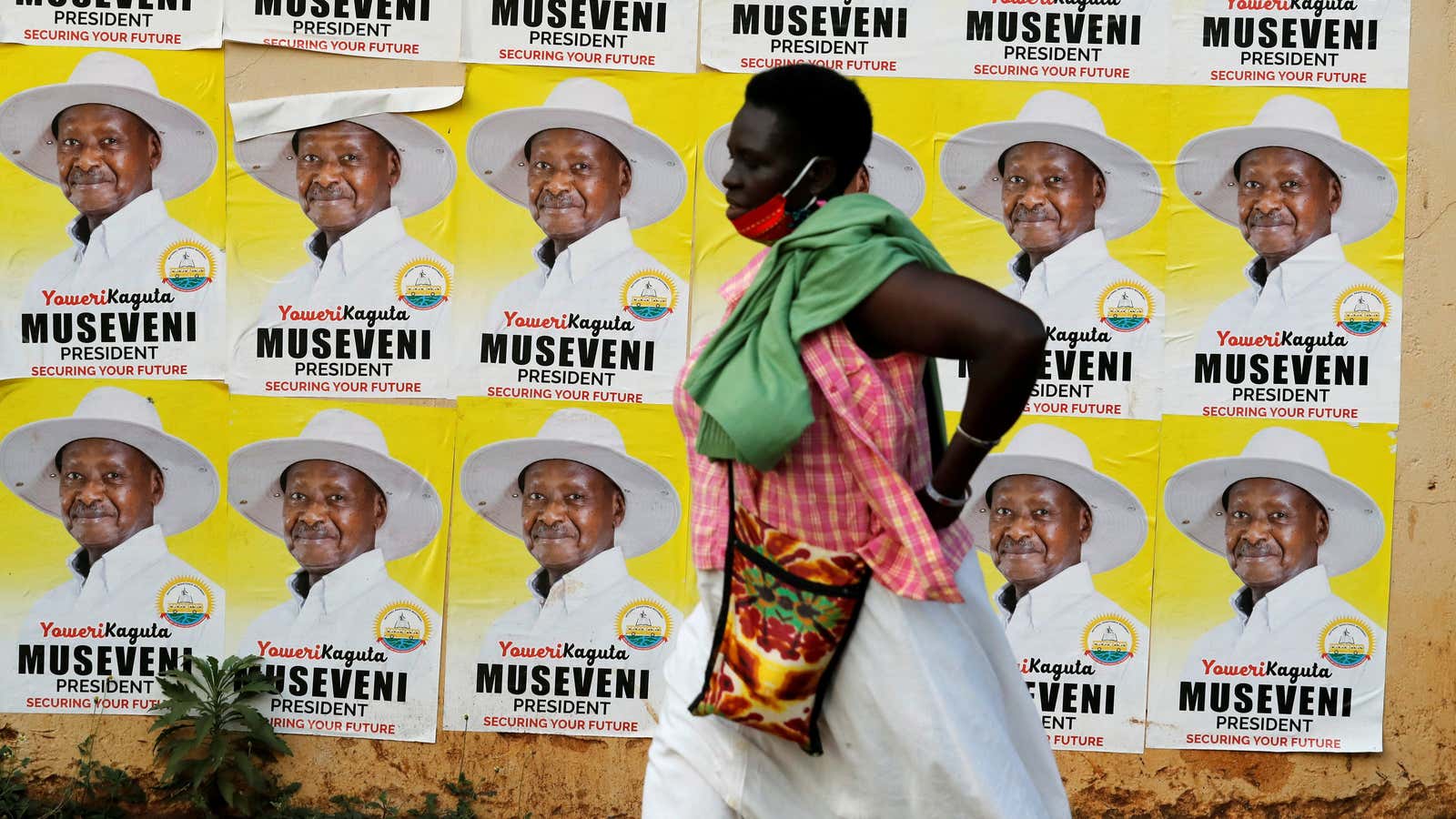 Uganda president Yoweri Museveni election posters in Kampala, Jan. 12, 2021.