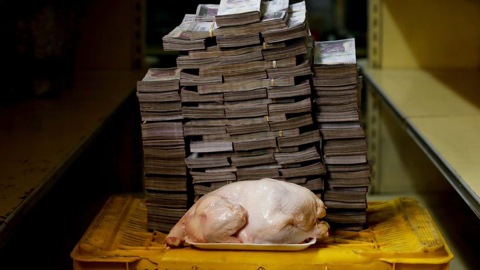A 2.4 kilogram chicken cost 14,600,000 bolívares ($2.22) before Venezuela slashed five zeros from its currency.