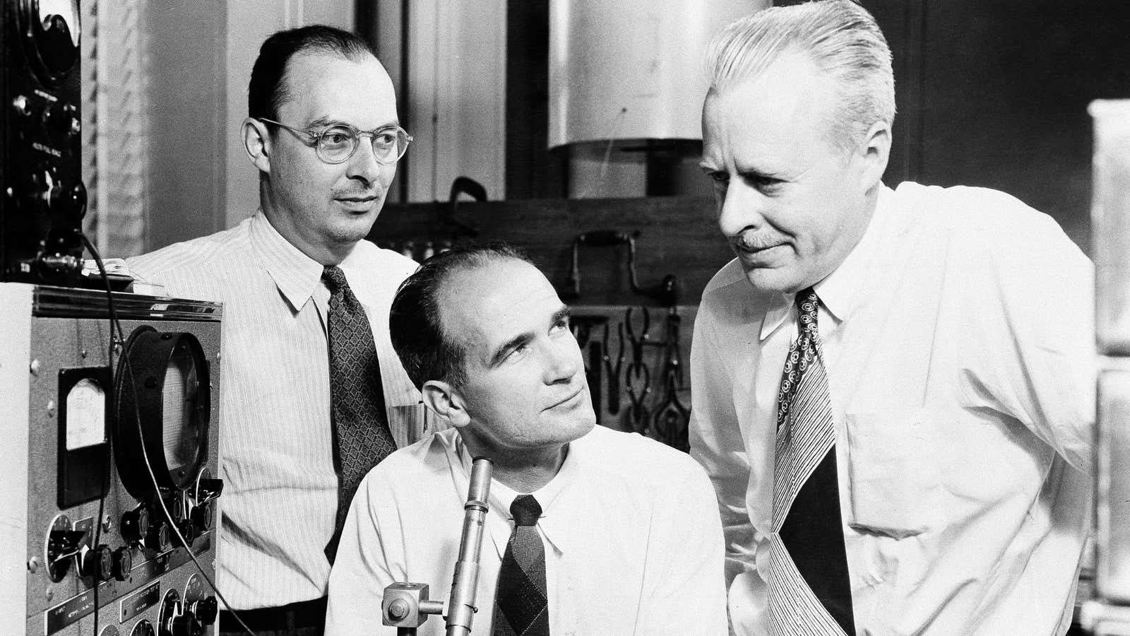Birth of the transistor: from left, John Bardeen, William Shockley, Walter Brattain, at Bell.