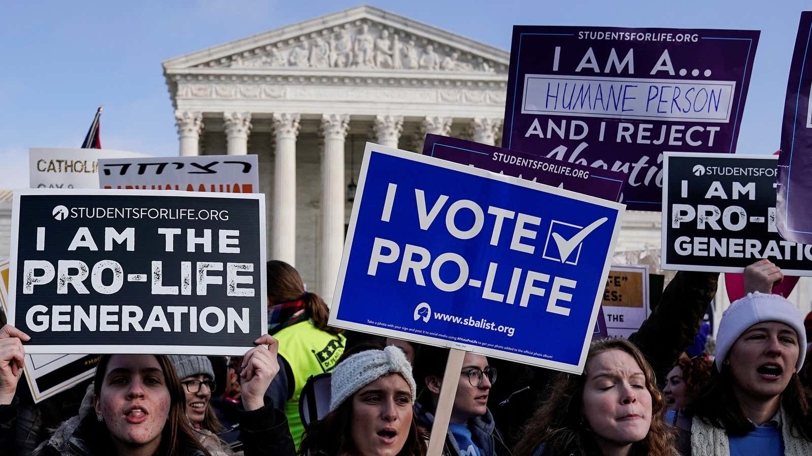Anti-abortion marchers rally at the Supreme Court during the 46th annual March for Life in Washington DC, Jan. 18, 2019.