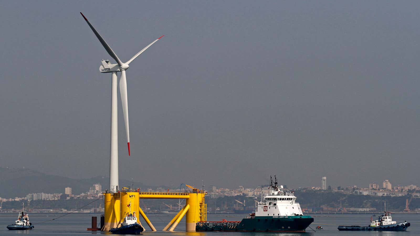 A floating wind turbine in Setúbal bay, off the coast of Portugal.