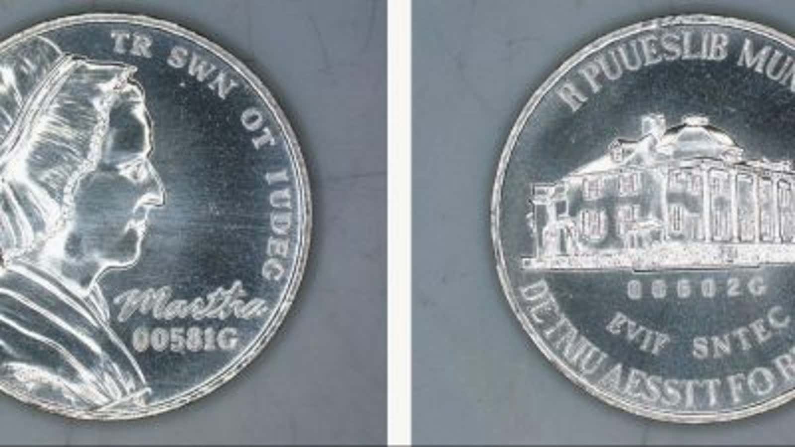 A dummy nickel designed by NIST. It’s made of a metal alloy that could become standard, but because of anti-counterfeiting rules, NIST couldn’t put Thomas Jefferson’s face on it.