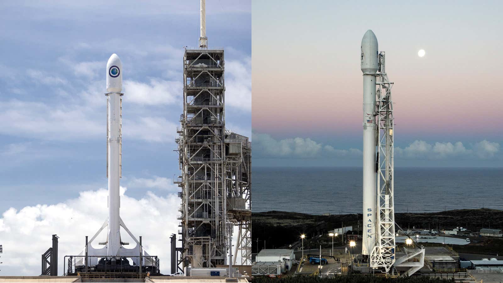 SpaceX rockets on the pad at Kennedy Space Center (L) and Vandenberg Air Force Base.