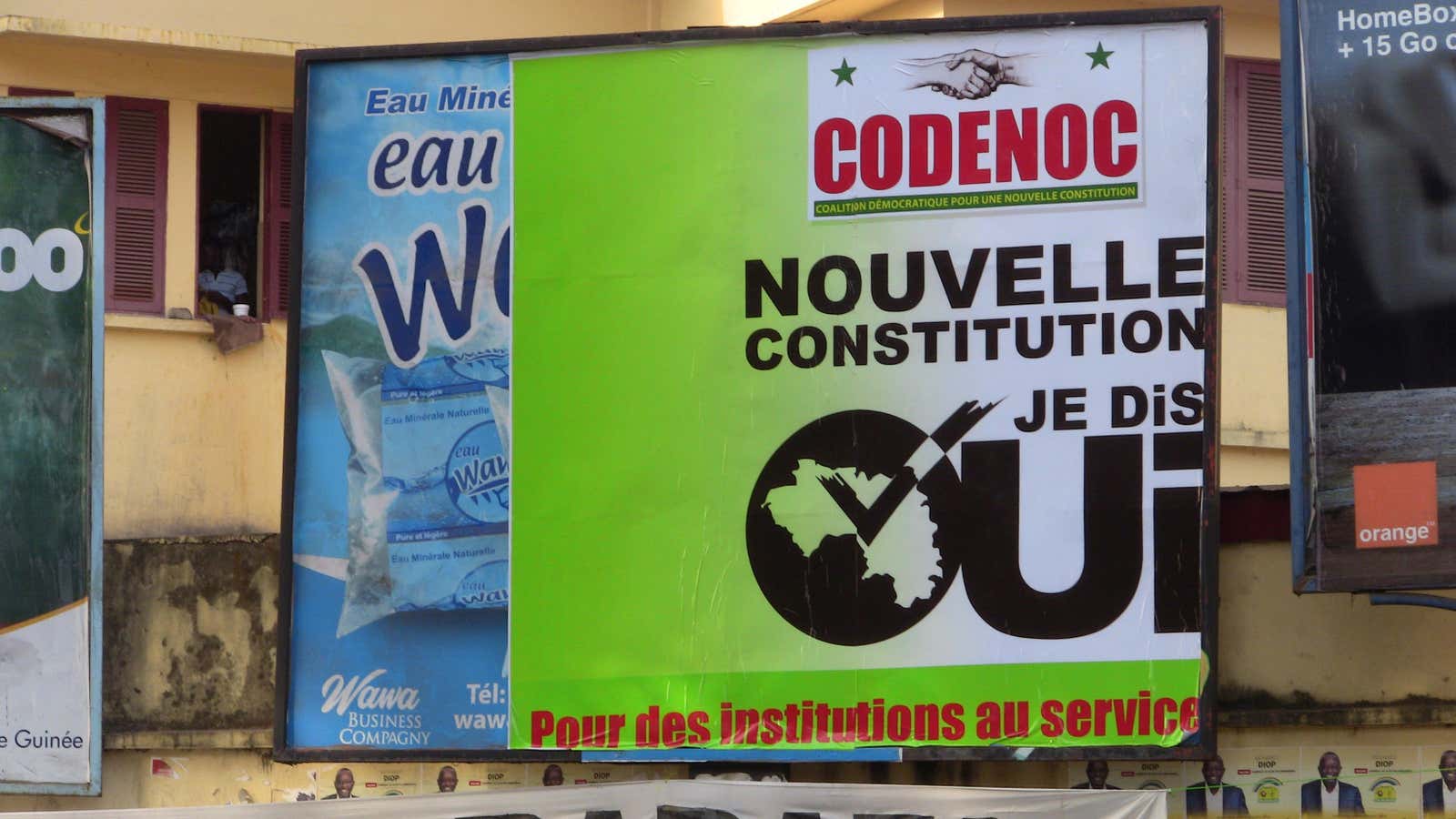 A referendum campaign poster supporting the reform of the constitution is pictured in Conakry.