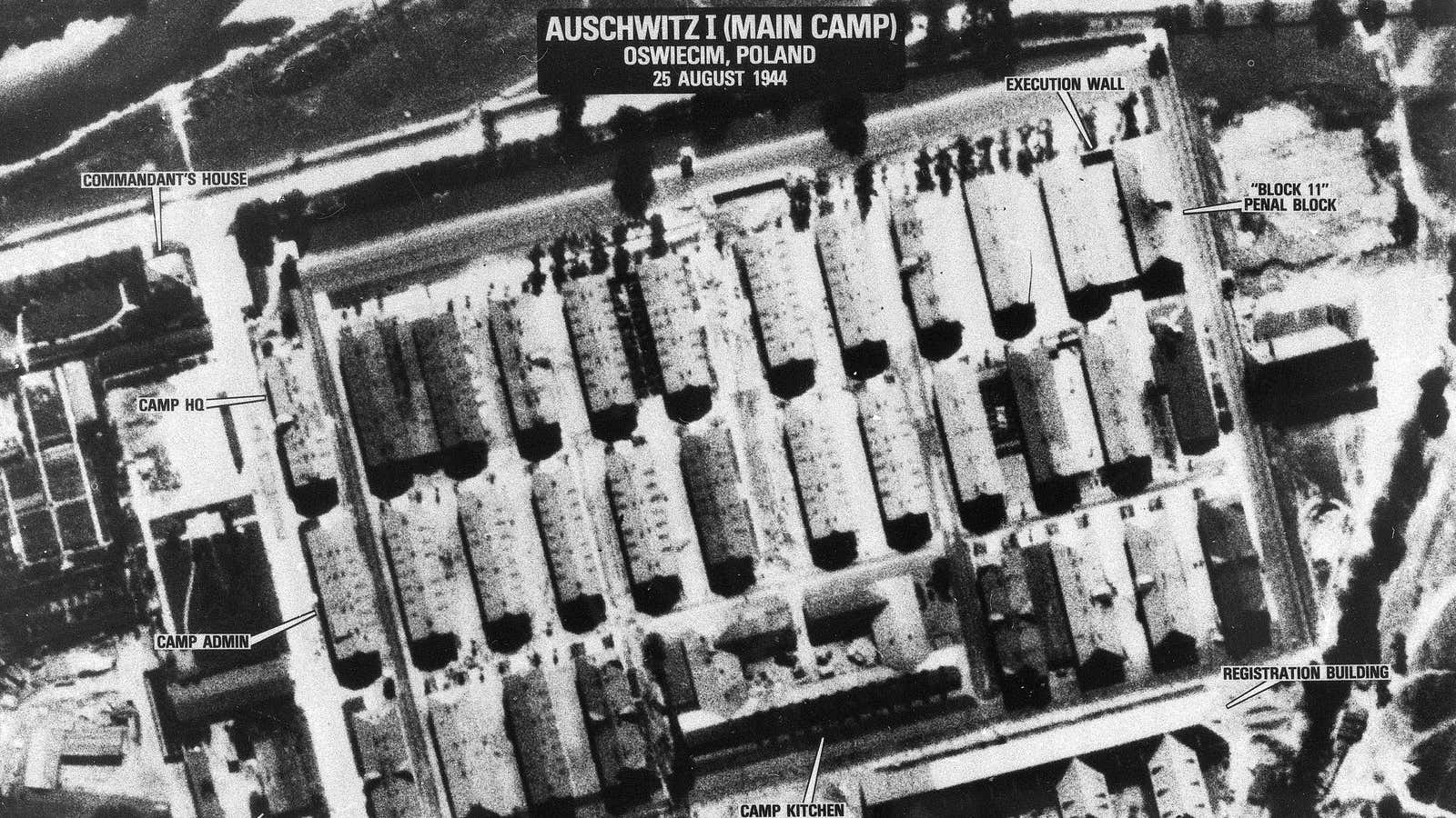 An aerial view of Auschwitz death camp in 1944.
