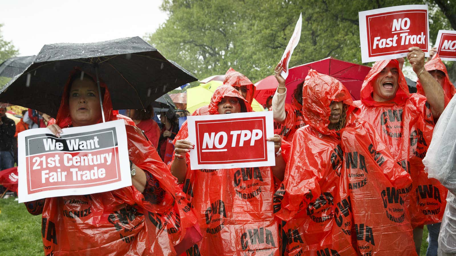 Demonstrators opposed to the TPP rally for fair trade at the Capitol in Washington, DC.