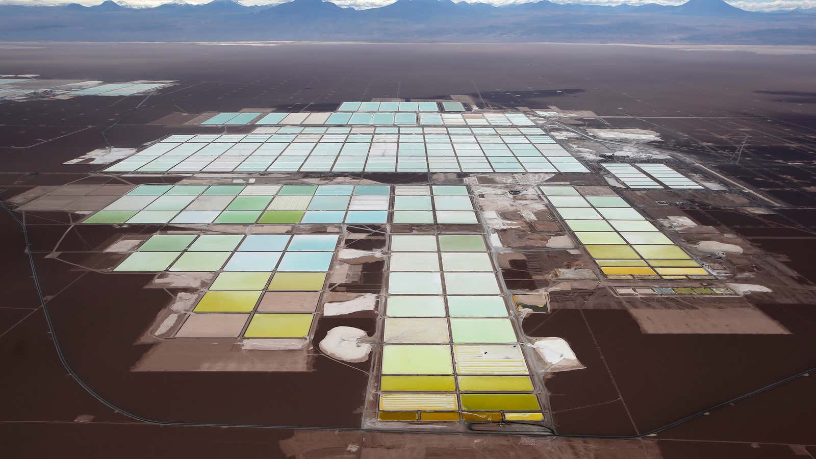 Brine pools and processing areas of the SQM lithium mine on the Atacama salt flat in northern Chile.