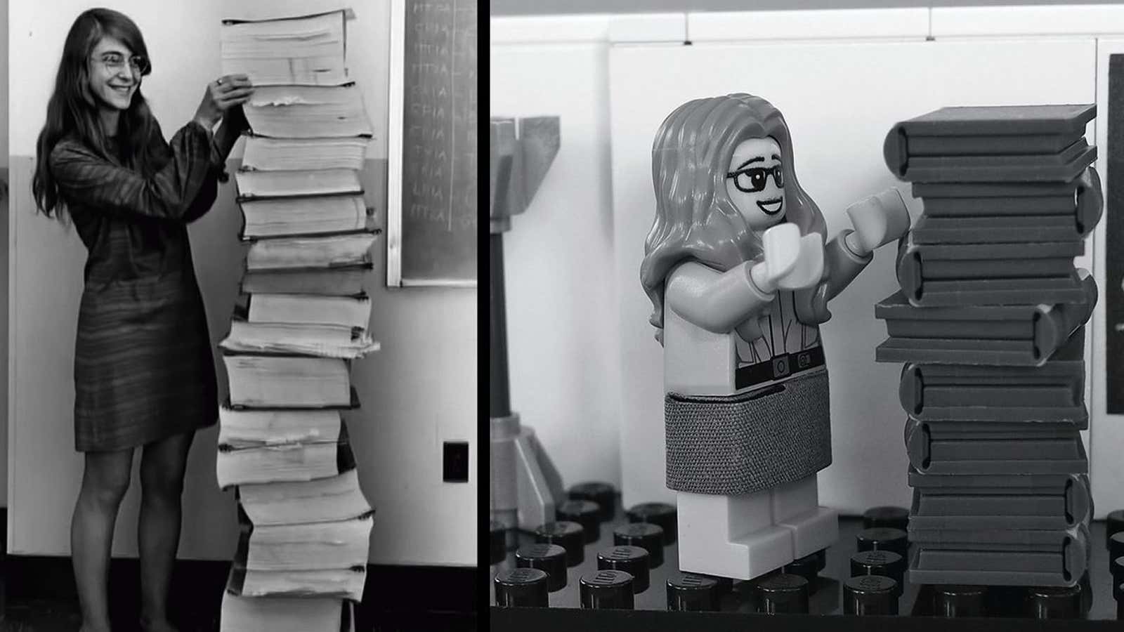 The real Hamilton next to the code she wrote for the Apollo mission (L), and Lego’s interpretation of the iconic photo.