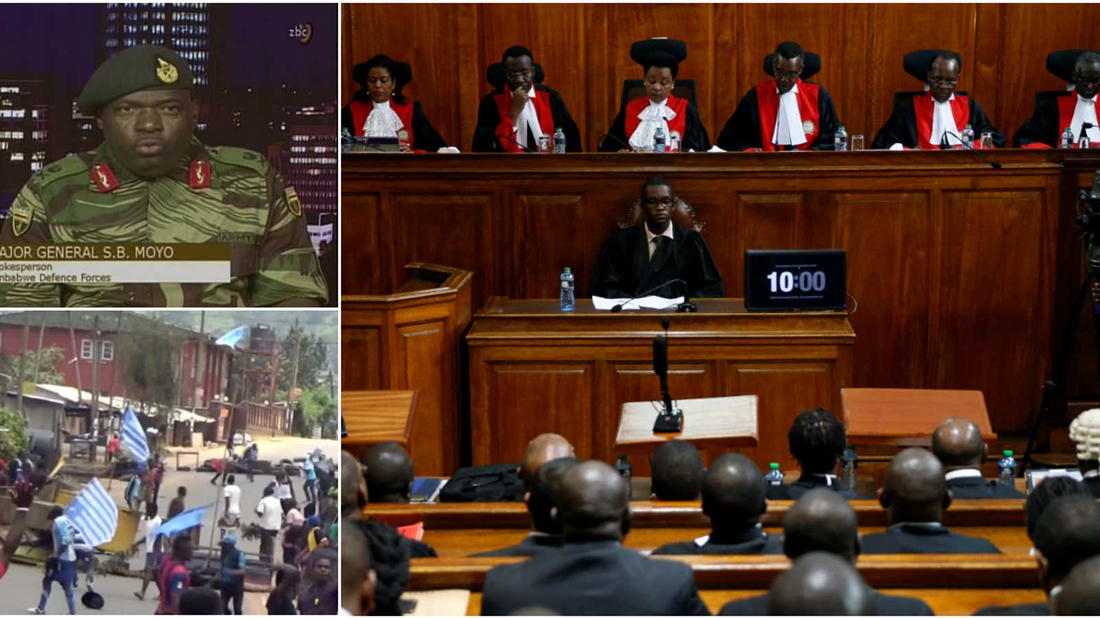 Top left, Zimbabwe’s military; bottom left, Cameroon’s Anglophone protests. Main right, Kenya’s supreme court