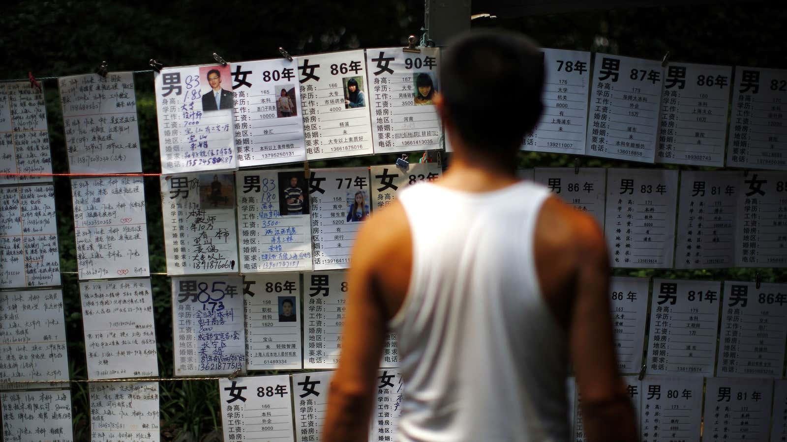 Men and women post personal ads in Shanghai’s People’s Square. The number in bold indicates what  year they were born.