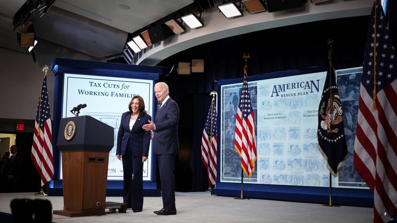 US President Joe Biden and Vice President Kamala Harris react to audience members ahead of their remarks about Child Tax Credit tax relief payments during a speech in the Eisenhower Executive Office Building’s South Court Auditorium at the White House in Washington, U.S., July 15, 2021.