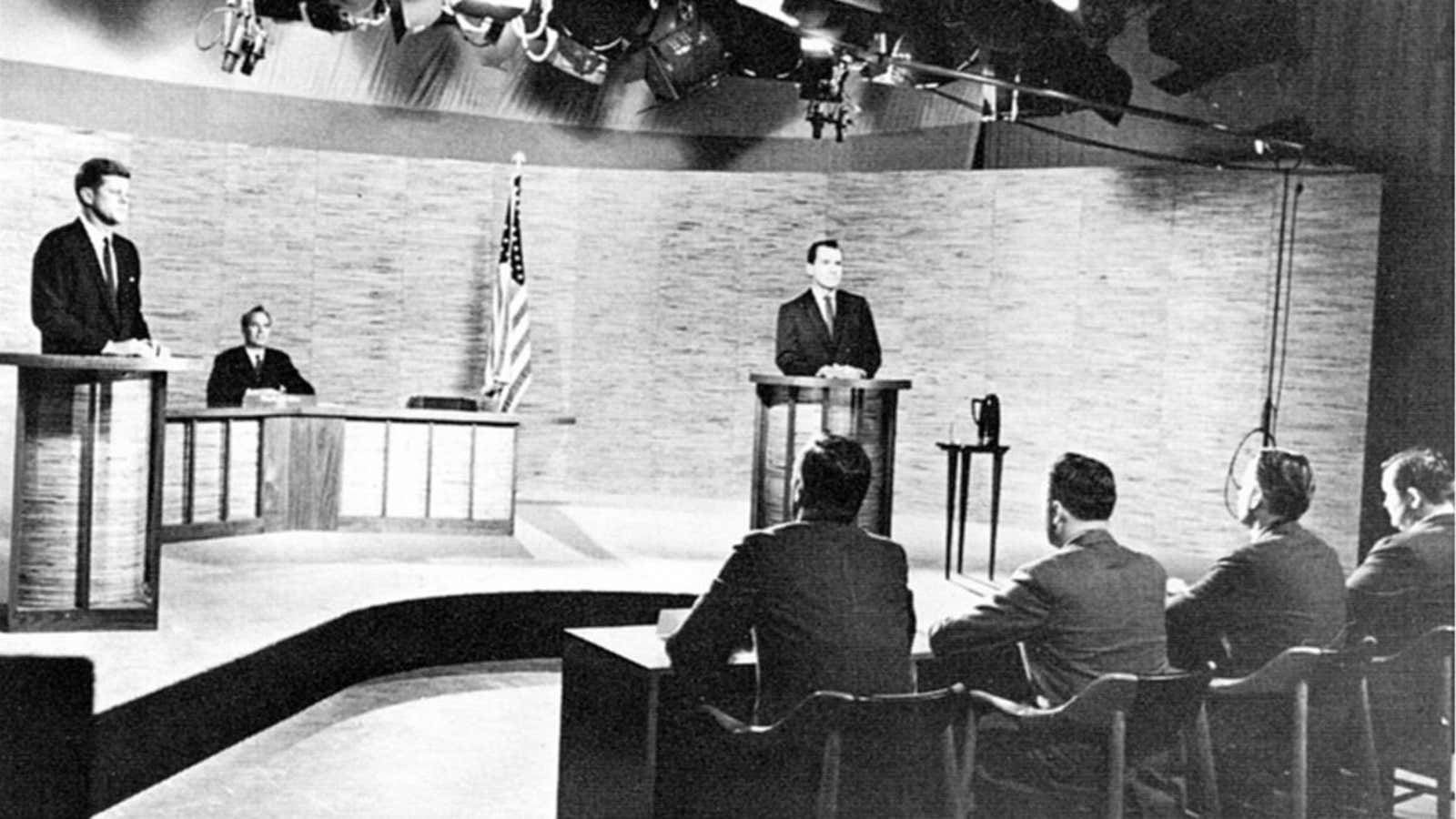 John F Kennedy and Richard Nixon at their televised presidential debate, in 1960.