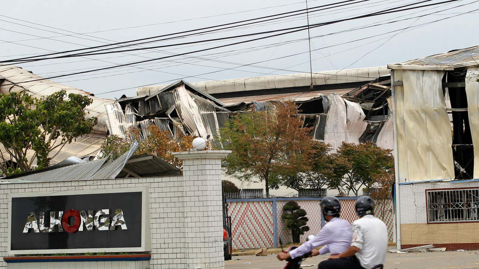 A damaged Taiwanese factory for manufacturing brakes, in Vietnam’s Binh Duong province.