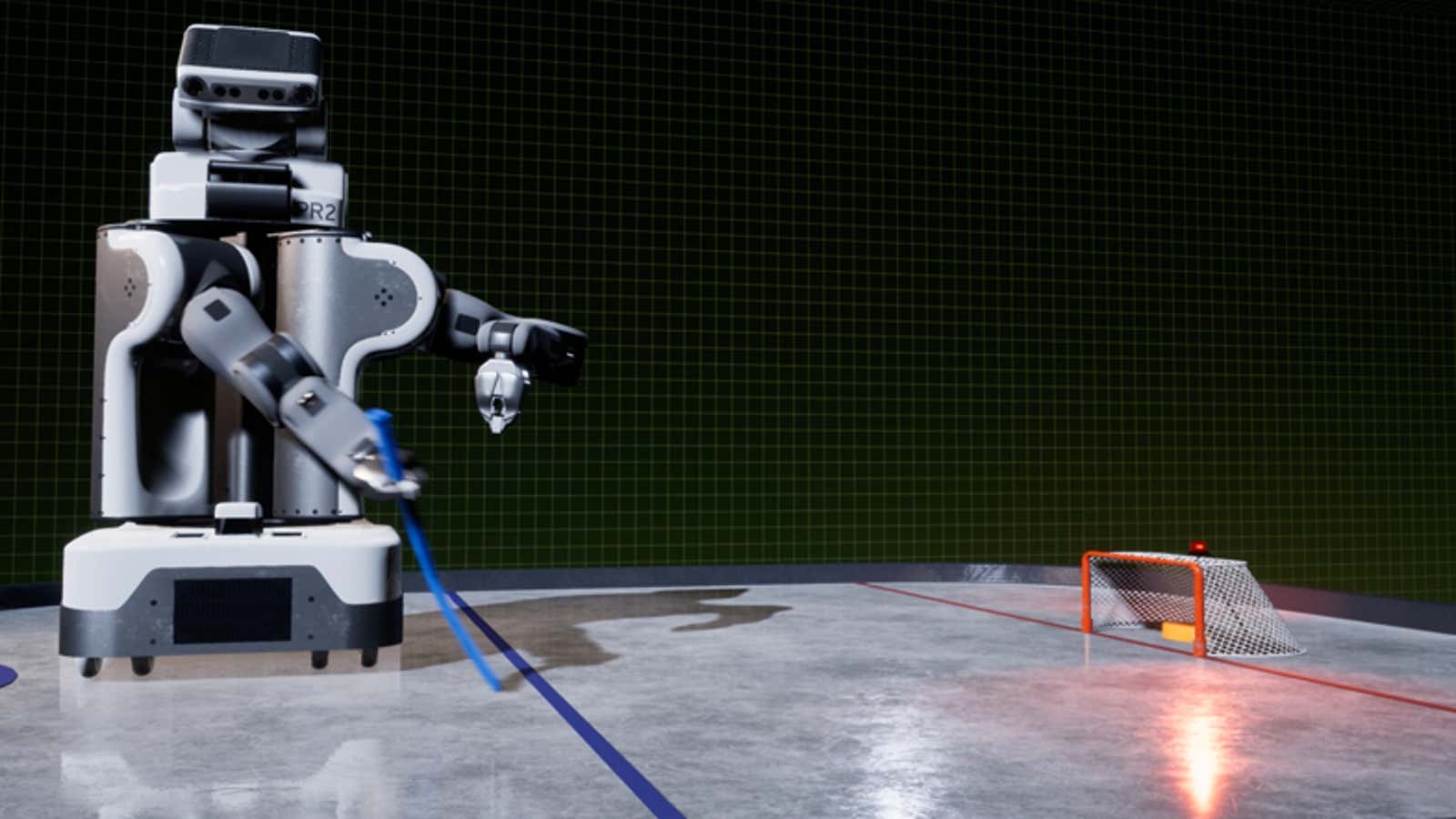 A simulated robot plays hockey.